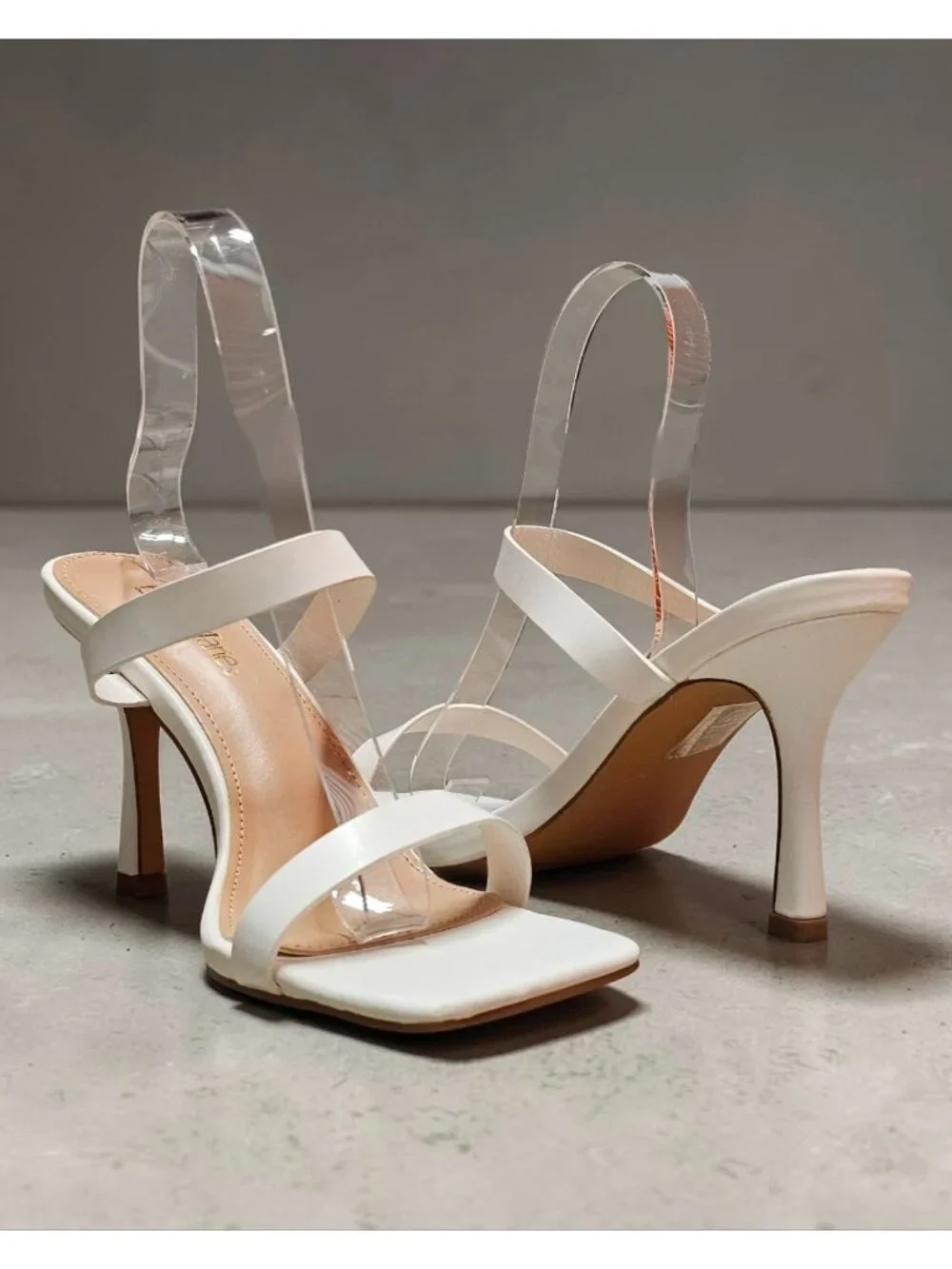 Square Toe White Strappy High Heel Sandals With Double Strap Design For Women - Picture 9 of 13
